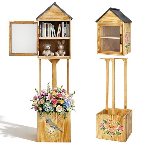 Little Library Box Outdoor, Waterproof Double Wooden Little Free Library with Small Flower Fence for Neighborhoods Community, Literature, Schools Sharing Book & DIY (Natural Wood) in Saudi Arabia