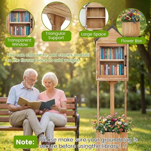Little Library Box Outdoor, Waterproof Double Wooden Little Free Library with Small Flower Fence for Neighborhoods Community, Literature, Schools Sharing Book & DIY (Natural Wood) in Saudi Arabia
