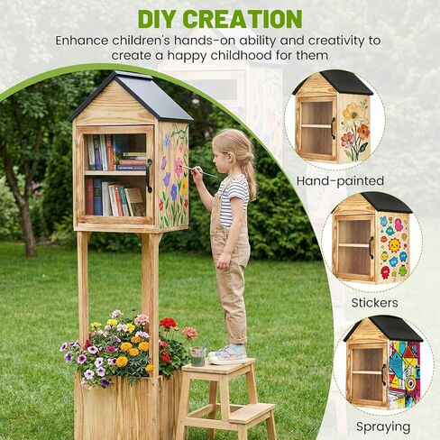 Little Library Box Outdoor, Waterproof Double Wooden Little Free Library with Small Flower Fence for Neighborhoods Community, Literature, Schools Sharing Book & DIY (Natural Wood) in Saudi Arabia