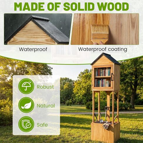 Little Library Box Outdoor, Waterproof Double Wooden Little Free Library with Small Flower Fence for Neighborhoods Community, Literature, Schools Sharing Book & DIY (Natural Wood) in Saudi Arabia