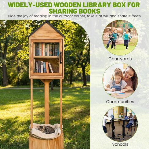 Little Library Box Outdoor, Waterproof Double Wooden Little Free Library with Small Flower Fence for Neighborhoods Community, Literature, Schools Sharing Book & DIY (Natural Wood) in Saudi Arabia