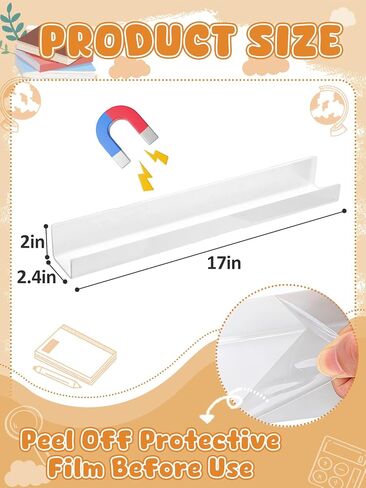 رف كتب مغناطيسي قوي للسبورة البيضاء - حامل عرض كتب أكريليك مقاس 17 بوصة للمعلمين، رف أبيض قابل لإعادة الاستخدام بدون حفر للفصل الدراسي/الخزانة/منظم الثلاجة in Kuwait