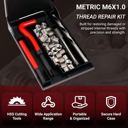 طقم إصلاح خيط هيليكويل M6×1.0، أداة إصلاح الخيط مع لقمة مثقاب HSS وإدراج خيط، طقم تثبيت إصلاح الخيط المتري لإعادة خيوط الخيوط الداخلية مع حقيبة حمل in Kuwait