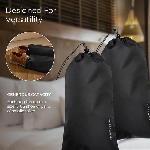 Briggs & Riley Shoe Bags for Travel - Shoe Covers for Men & Women, Luggage Storage Accessories for Packing in Suitcase, Drawstring for Secure Fit - Travel Essentials, Black (Pack of 2) in Saudi Arabia