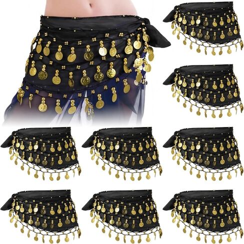 Cuffbow 8 Pcs Black Belly Dance Hip Scarf Bulk for Women Belly Dance Skirt Outfit 72 Coins Bling Chiffon Waist Chain Lightweight Costume Accessory for Group Performances Classes Theme Events Practice in Saudi Arabia