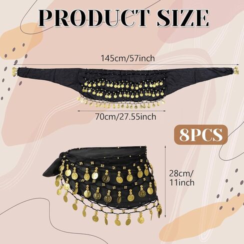Cuffbow 8 Pcs Black Belly Dance Hip Scarf Bulk for Women Belly Dance Skirt Outfit 72 Coins Bling Chiffon Waist Chain Lightweight Costume Accessory for Group Performances Classes Theme Events Practice in Saudi Arabia
