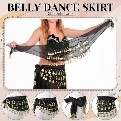 Cuffbow 8 Pcs Black Belly Dance Hip Scarf Bulk for Women Belly Dance Skirt Outfit 72 Coins Bling Chiffon Waist Chain Lightweight Costume Accessory for Group Performances Classes Theme Events Practice in Saudi Arabia