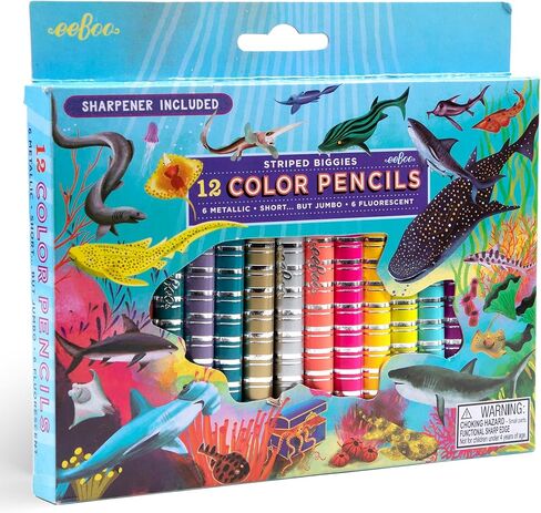 eeBoo: Striped Biggies 12 Color Pencils: Magical Creatures - 12pc Set w/ 6 Fluorescent & 6 Metallic Colors, Includes Sharpener, Art Supplies, Kids Ages 4+ in Saudi Arabia