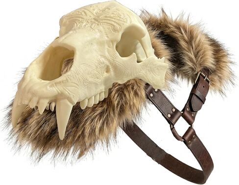 درع الكتف على شكل جمجمة الفايكنج والفراء الصناعي - بولدرون البربري من العصور الوسطى مع عظمة صناعية/فرو صناعي - إكسسوار زي تنكري لدرع الكتف من أجل LARP، ومهرجان عصر النهضة، والهالوين والهدايا in Kuwait