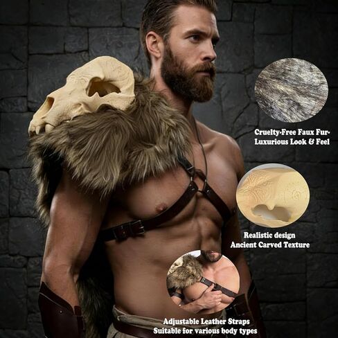 درع الكتف على شكل جمجمة الفايكنج والفراء الصناعي - بولدرون البربري من العصور الوسطى مع عظمة صناعية/فرو صناعي - إكسسوار زي تنكري لدرع الكتف من أجل LARP، ومهرجان عصر النهضة، والهالوين والهدايا in Kuwait