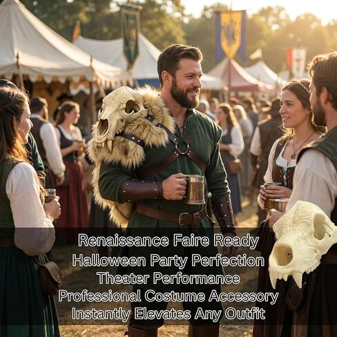 درع الكتف على شكل جمجمة الفايكنج والفراء الصناعي - بولدرون البربري من العصور الوسطى مع عظمة صناعية/فرو صناعي - إكسسوار زي تنكري لدرع الكتف من أجل LARP، ومهرجان عصر النهضة، والهالوين والهدايا in Kuwait