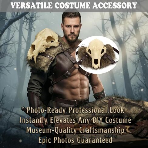 درع الكتف على شكل جمجمة الفايكنج والفراء الصناعي - بولدرون البربري من العصور الوسطى مع عظمة صناعية/فرو صناعي - إكسسوار زي تنكري لدرع الكتف من أجل LARP، ومهرجان عصر النهضة، والهالوين والهدايا in Kuwait
