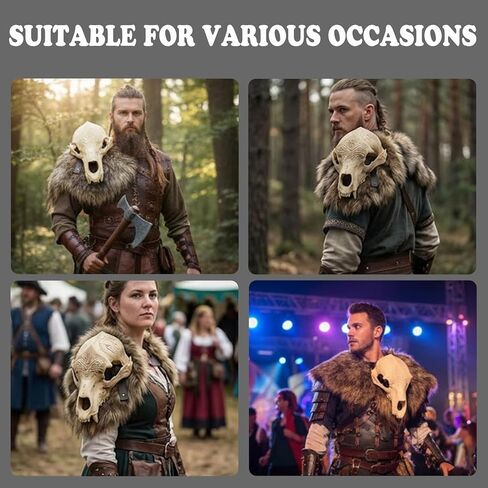 درع الكتف على شكل جمجمة الفايكنج والفراء الصناعي - بولدرون البربري من العصور الوسطى مع عظمة صناعية/فرو صناعي - إكسسوار زي تنكري لدرع الكتف من أجل LARP، ومهرجان عصر النهضة، والهالوين والهدايا in Kuwait