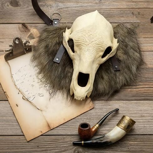 درع الكتف على شكل جمجمة الفايكنج والفراء الصناعي - بولدرون البربري من العصور الوسطى مع عظمة صناعية/فرو صناعي - إكسسوار زي تنكري لدرع الكتف من أجل LARP، ومهرجان عصر النهضة، والهالوين والهدايا in Kuwait
