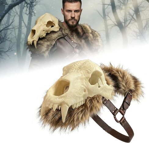 درع الكتف على شكل جمجمة الفايكنج والفراء الصناعي - بولدرون البربري من العصور الوسطى مع عظمة صناعية/فرو صناعي - إكسسوار زي تنكري لدرع الكتف من أجل LARP، ومهرجان عصر النهضة، والهالوين والهدايا in Kuwait