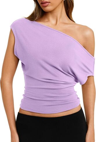 REORIA Womens 2026 Summer Cute Short Sleeve Tee Shirts Asymmetrical Cinched Waist Casual Loose Off The Shoulder Tops in Saudi Arabia