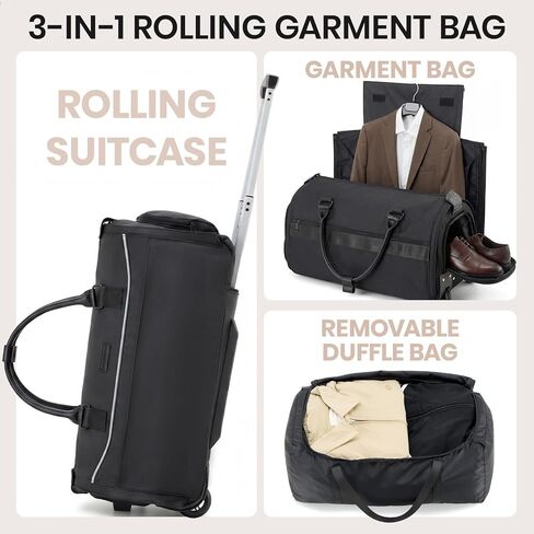 Fanwoli Carry On Rolling Garment Bag With Wheels, TSA Approved Airline Compliant Suit Luggage, Convertible Wrinkle-Free Garment Duffle Bag For Travel, Business & Wedding Suit Carrier Weekender(Black) in Saudi Arabia