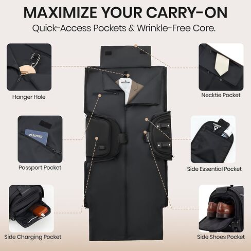Fanwoli Carry On Rolling Garment Bag With Wheels, TSA Approved Airline Compliant Suit Luggage, Convertible Wrinkle-Free Garment Duffle Bag For Travel, Business & Wedding Suit Carrier Weekender(Black) in Saudi Arabia