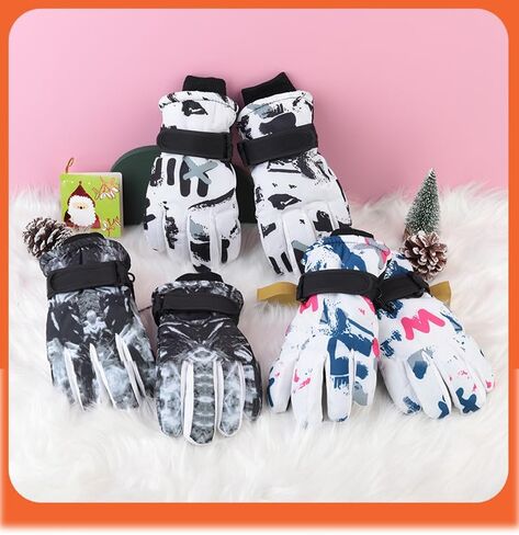Kids-Waterproof-Ski-Snowboard-Gloves Abstract Print-Winter Warm Touchscreen-Gloves for Boys Girls for Outdoor-Sports Skiing in Saudi Arabia