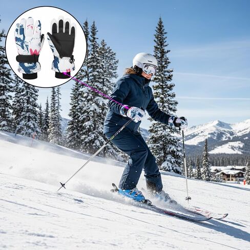 Kids-Waterproof-Ski-Snowboard-Gloves Abstract Print-Winter Warm Touchscreen-Gloves for Boys Girls for Outdoor-Sports Skiing in Saudi Arabia