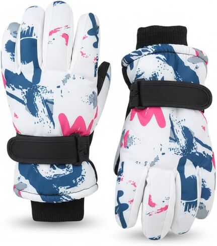 Kids-Waterproof-Ski-Snowboard-Gloves Abstract Print-Winter Warm Touchscreen-Gloves for Boys Girls for Outdoor-Sports Skiing in Saudi Arabia