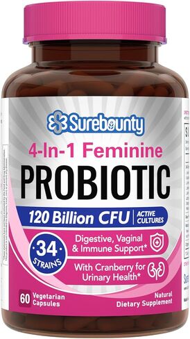 Probiotics for Women, 120 Billion CFU 34 Strains, Prebiotics + Digestive Enzymes + Cranberry, 4-in-1 Feminine Probiotic, Digestive & Vaginal Support, 30ct in Kuwait