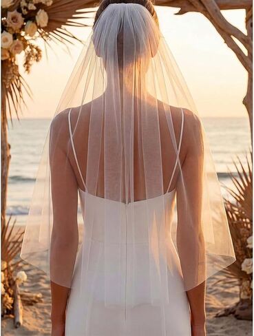 Aukmla Bride حجاب قصير للنساء طول الكوع الزفاف 1 طبقة حجاب الزفاف تول إكسسوارات الشعر مع مشط وحافة مقطوعة in Saudi Arabia