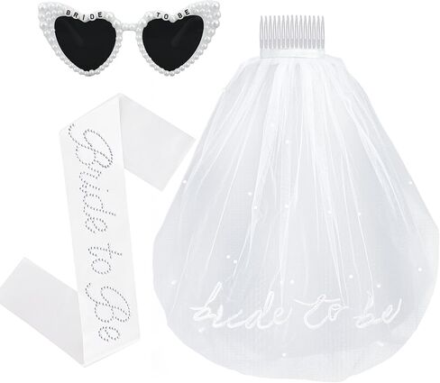 Bride to Be Sash and Veil Set Pearl BRIDE TO BE Heart Sunglasses Bridal Sash Veil with White Sunglasses Accessories for Women Bachelorette Party Favors Bridal Shower Engagement Wedding Gifts in Saudi Arabia