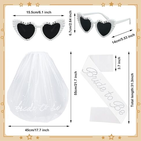 Bride to Be Sash and Veil Set Pearl BRIDE TO BE Heart Sunglasses Bridal Sash Veil with White Sunglasses Accessories for Women Bachelorette Party Favors Bridal Shower Engagement Wedding Gifts in Saudi Arabia