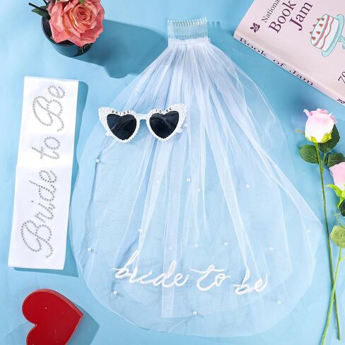 Bride to Be Sash and Veil Set Pearl BRIDE TO BE Heart Sunglasses Bridal Sash Veil with White Sunglasses Accessories for Women Bachelorette Party Favors Bridal Shower Engagement Wedding Gifts in Saudi Arabia