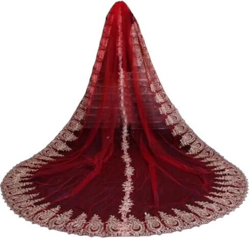 Red Cathedral Bridal Veil with Gold Appliqué, 1-Layer Long Wedding Veil with Comb, 300cm Length and Width Girls in Saudi Arabia