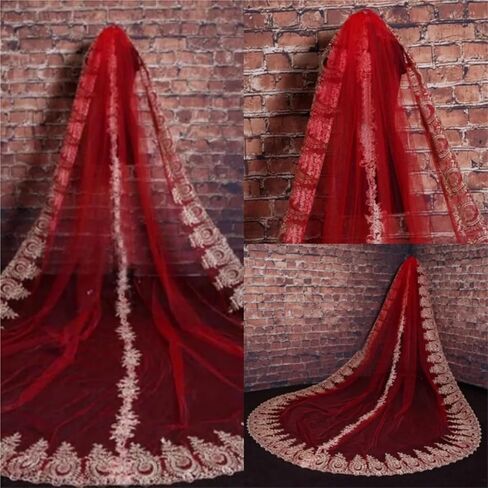 Red Cathedral Bridal Veil with Gold Appliqué, 1-Layer Long Wedding Veil with Comb, 300cm Length and Width Girls in Saudi Arabia