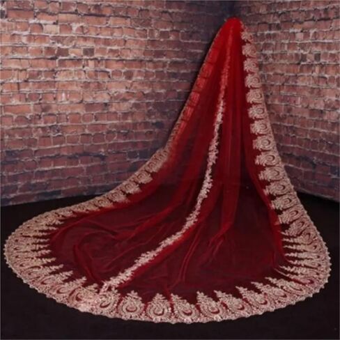 Red Cathedral Bridal Veil with Gold Appliqué, 1-Layer Long Wedding Veil with Comb, 300cm Length and Width Girls in Saudi Arabia
