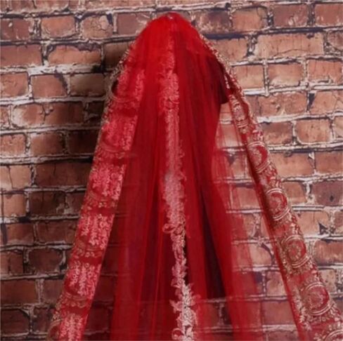 Red Cathedral Bridal Veil with Gold Appliqué, 1-Layer Long Wedding Veil with Comb, 300cm Length and Width Girls in Saudi Arabia