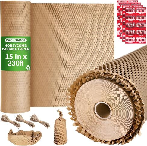 PACKBABOL Honeycomb Packing Paper Bubble Wrap Roll 15" x 230' - Eco-Friendly Bubble Cushioning Wrap for Moving，Shipping and Packing Supplies with 60 Fragile Stickers & 6 Hemp Ropes in Saudi Arabia