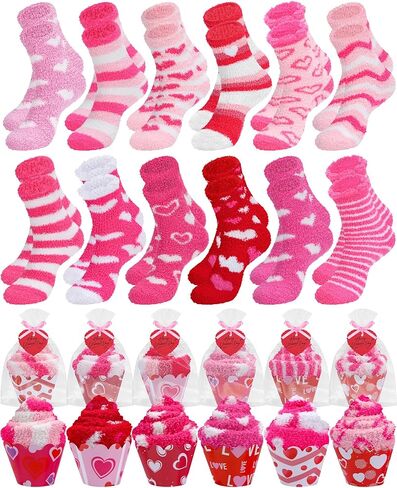 12 زوجًا من جوارب عيد الحب كب كيك هدية للنساء بالجملة، 12 نمطًا كلاسيكيًا منفوشًا ودافئًا جوارب عيد الحب مع بطاقات القلب، هدايا يوم جالنتين للزوجة والأصدقاء الأم in Kuwait