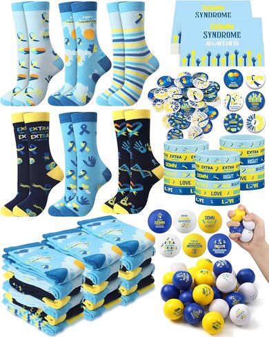 120 Pcs Down Syndrome Accessories Set World Down Syndrome Day Socks Ribbon Bracelets Pin Yellow Stress Relief Ball Card Blue and Yellow Decor for School Publicity Charity Events Gift Supplies in Saudi Arabia