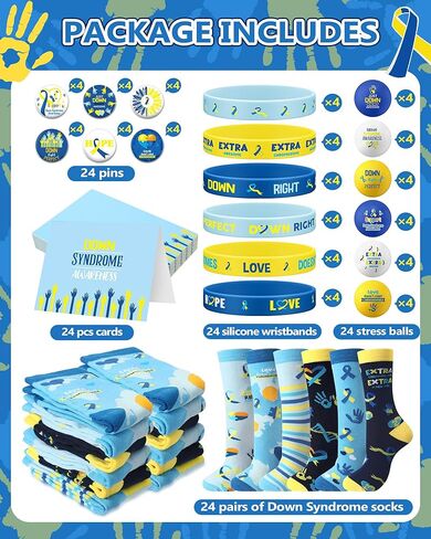 120 Pcs Down Syndrome Accessories Set World Down Syndrome Day Socks Ribbon Bracelets Pin Yellow Stress Relief Ball Card Blue and Yellow Decor for School Publicity Charity Events Gift Supplies in Saudi Arabia