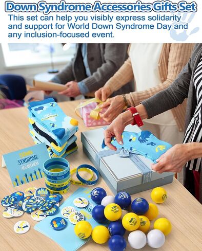 120 Pcs Down Syndrome Accessories Set World Down Syndrome Day Socks Ribbon Bracelets Pin Yellow Stress Relief Ball Card Blue and Yellow Decor for School Publicity Charity Events Gift Supplies in Saudi Arabia