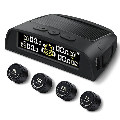 Tire Pressure Monitoring System - TPMS with Solar and USB Charger, 4 Tire Sensors and 6 Alarm Modes, Auto on/Off and Voice Prompt, TPMS with Color LCD Screen, for RV, Sedan, SUV, MPV, etc in Saudi Arabia