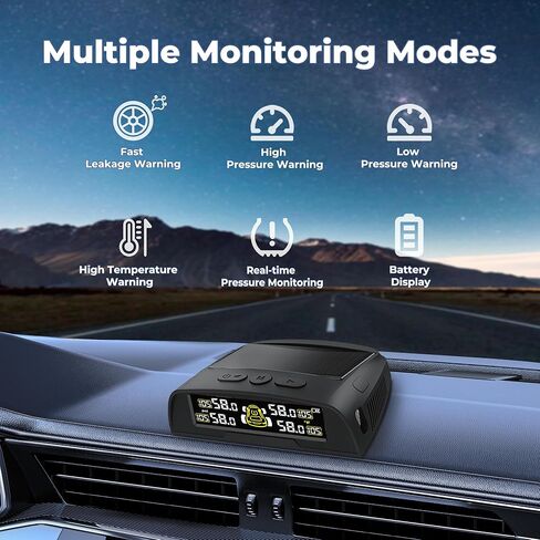 Tire Pressure Monitoring System - TPMS with Solar and USB Charger, 4 Tire Sensors and 6 Alarm Modes, Auto on/Off and Voice Prompt, TPMS with Color LCD Screen, for RV, Sedan, SUV, MPV, etc in Saudi Arabia