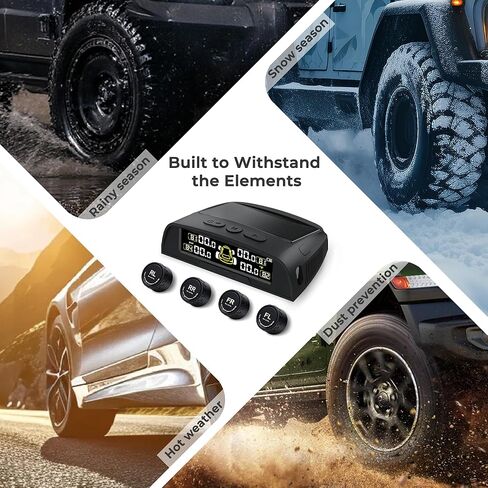 Tire Pressure Monitoring System - TPMS with Solar and USB Charger, 4 Tire Sensors and 6 Alarm Modes, Auto on/Off and Voice Prompt, TPMS with Color LCD Screen, for RV, Sedan, SUV, MPV, etc in Saudi Arabia
