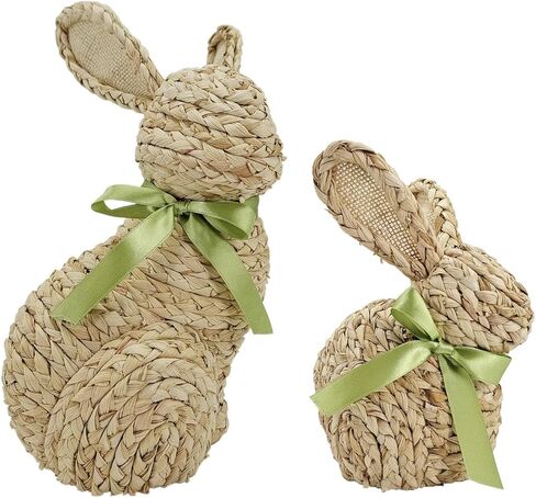 naturevibe 12/9 Inches Cornhusk Bunny Easter Decor,Set of 2 Natural Woven Bunny Figurine w Spring Decor Bow as Easter Decorations for The Home,Decorative Farm Animals as Table Centerpieces in Kuwait