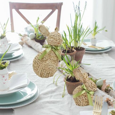 naturevibe 12/9 Inches Cornhusk Bunny Easter Decor,Set of 2 Natural Woven Bunny Figurine w Spring Decor Bow as Easter Decorations for The Home,Decorative Farm Animals as Table Centerpieces in Kuwait