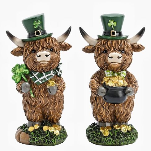 Valery Madelyn St Patricks Day Decorations for Home, 2Pcs Highland Cow Decor with Shamrock Pot of Gold, Irish Resin Leprechaun Figurines St Patricks Day Tiered Tray Decoration Table Centerpiece, 4" in Saudi Arabia