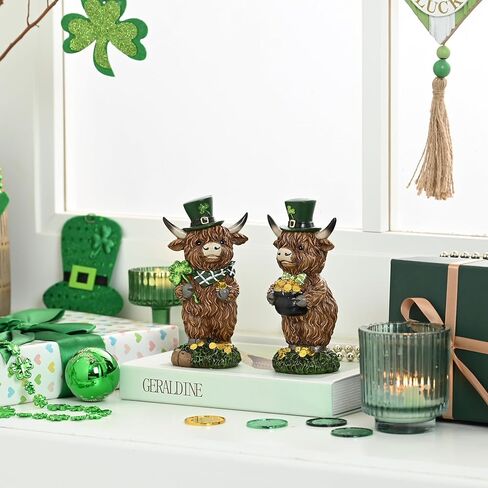Valery Madelyn St Patricks Day Decorations for Home, 2Pcs Highland Cow Decor with Shamrock Pot of Gold, Irish Resin Leprechaun Figurines St Patricks Day Tiered Tray Decoration Table Centerpiece, 4" in Saudi Arabia