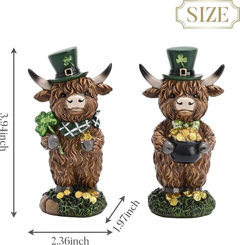 Valery Madelyn St Patricks Day Decorations for Home, 2Pcs Highland Cow Decor with Shamrock Pot of Gold, Irish Resin Leprechaun Figurines St Patricks Day Tiered Tray Decoration Table Centerpiece, 4" in Saudi Arabia