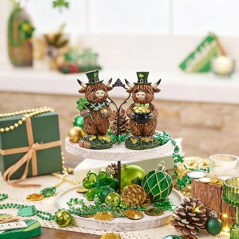 Valery Madelyn St Patricks Day Decorations for Home, 2Pcs Highland Cow Decor with Shamrock Pot of Gold, Irish Resin Leprechaun Figurines St Patricks Day Tiered Tray Decoration Table Centerpiece, 4" in Saudi Arabia