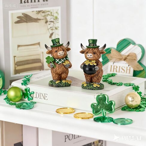 Valery Madelyn St Patricks Day Decorations for Home, 2Pcs Highland Cow Decor with Shamrock Pot of Gold, Irish Resin Leprechaun Figurines St Patricks Day Tiered Tray Decoration Table Centerpiece, 4" in Saudi Arabia