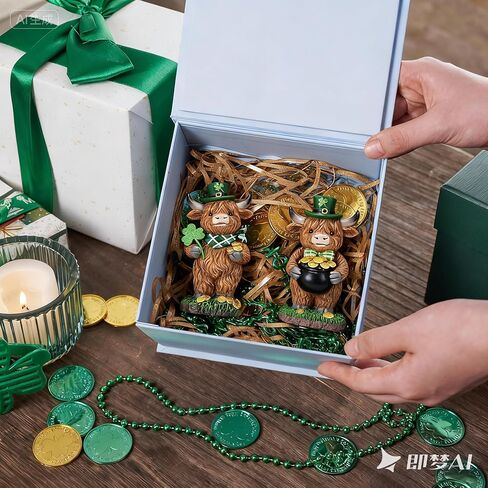 Valery Madelyn St Patricks Day Decorations for Home, 2Pcs Highland Cow Decor with Shamrock Pot of Gold, Irish Resin Leprechaun Figurines St Patricks Day Tiered Tray Decoration Table Centerpiece, 4" in Saudi Arabia
